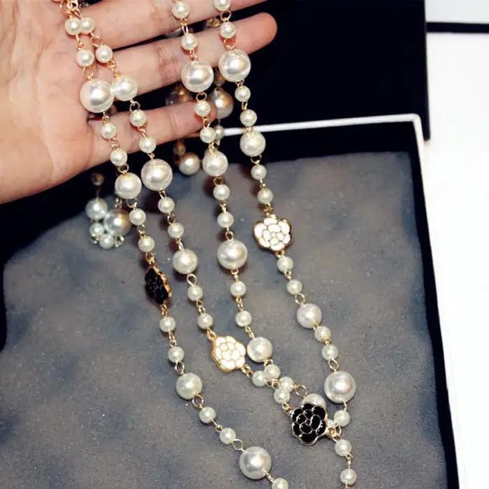 Long collier de perles simulées pour femmes fleur Double couche collane lunghe donna camélia maxi co
