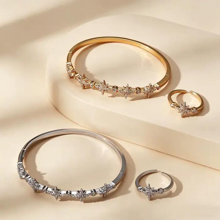 Ensemble de bagues et bracelets ajustables en zircon plaqué or pour femme, motif étoile, style minimaliste, élégant, bijoux de mode, cadeau pour elle, usage quotidien