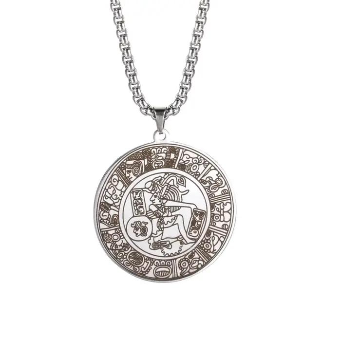 EUEAVAN Collier Pendentif Cercle Maya, Hieroglyphe Mexicain, Inspiration Mayan, Talisman, Chaîne en