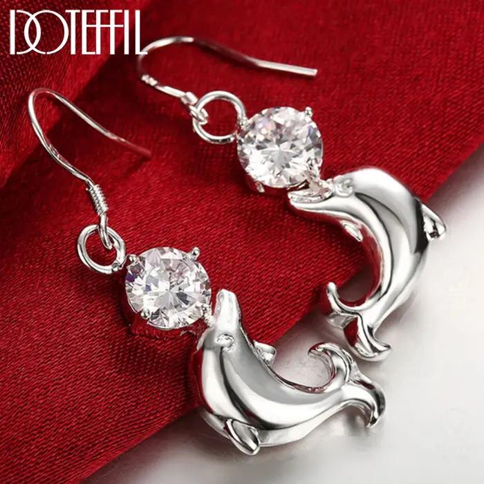 DOTEFFIL 925 argent Sterling dauphin AAA Zircon gouttes boucles d'oreilles pour les femmes meilleur