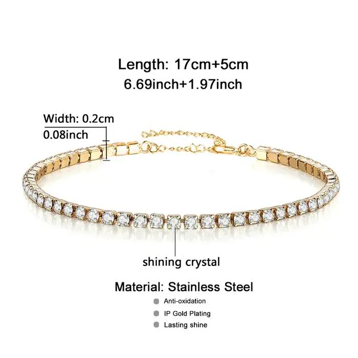 Bracelet de tennis glacé 2mm pour femmes en acier inoxydable et zircone cubique style hiphop rock cadeau d'occasion spéciale mariage anniversaire