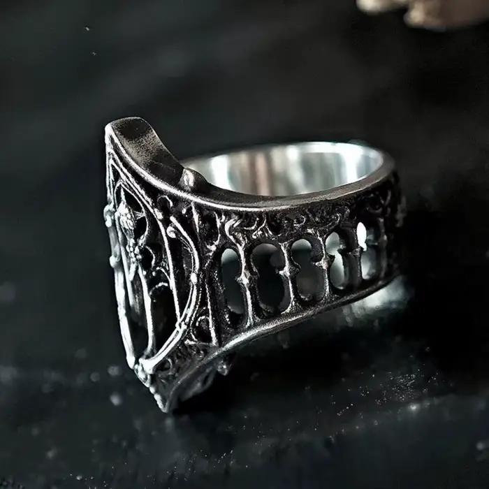 Bagues de château de couronne en Relief ajouré, couleur argent antique, personnalité rétro, pour femmes et hommes, bijoux gothiques à la mode d'halloween
