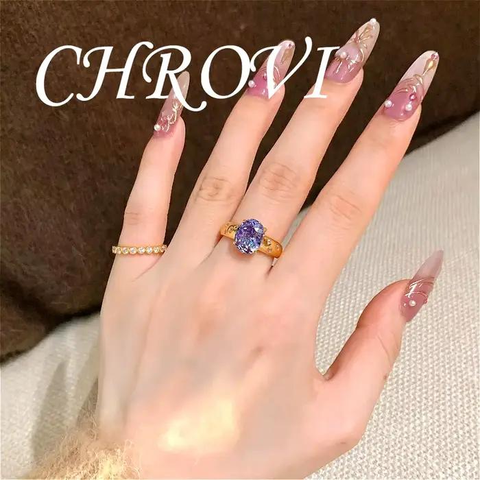 Bague en or de style vintage avec zircon violet rétro et diamant à haute teneur en carbone pour femmes