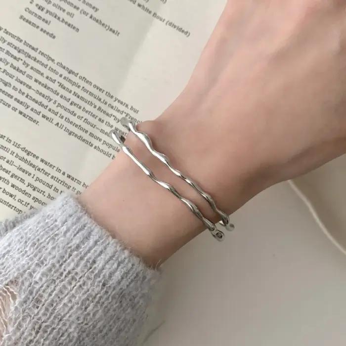 PANJBJ 925 argent irrégulier ligne dorée Bracelet pour femmes vague Double couche minimalisme Punk classique bijoux livraison directe