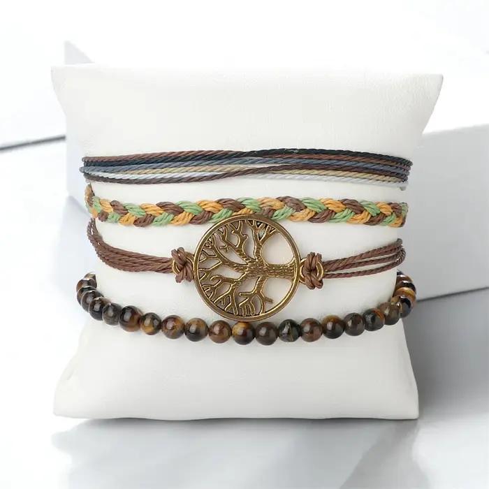 Bracelet Arbre de Vie Boho Chic pour Hommes et Femmes, Ensemble de 4 Pièces en Perles Naturelles et Corde Tressée Manuelle Occasions Spéciales