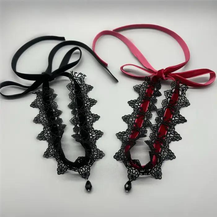 Collier ras du cou élégant en dentelle noire avec nœud papillon
