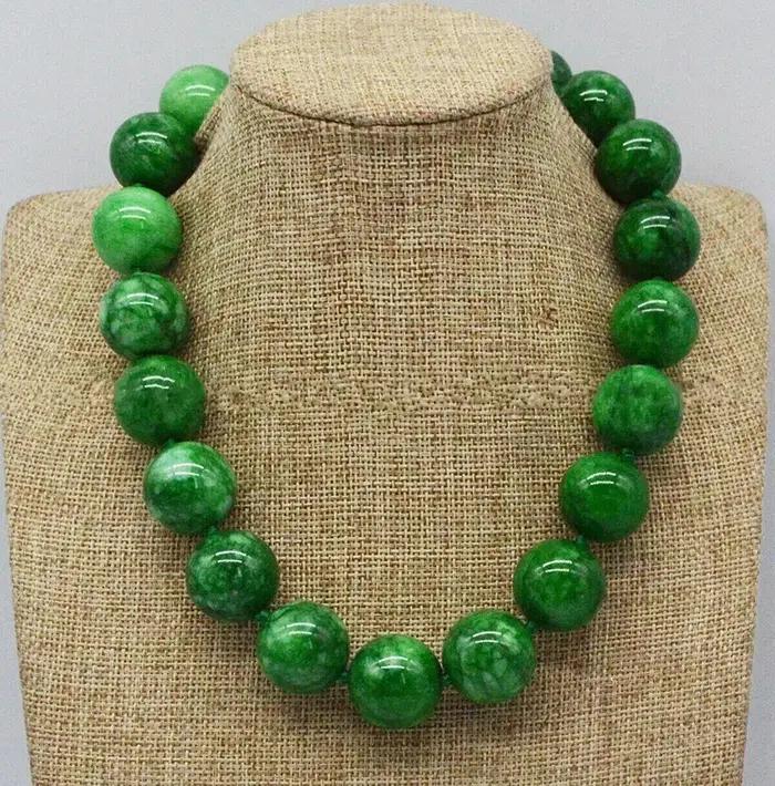 Énorme collier en pierres précieuses de jade vert naturel de 14 mm, 18 pouces, AAA