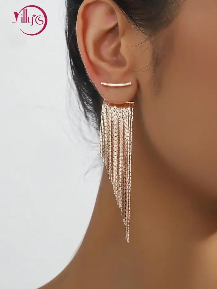 Boucles d'oreilles longues élégantes à pompons dorées en acier inoxydable pour femmes occasions spéciales cadeau amies
