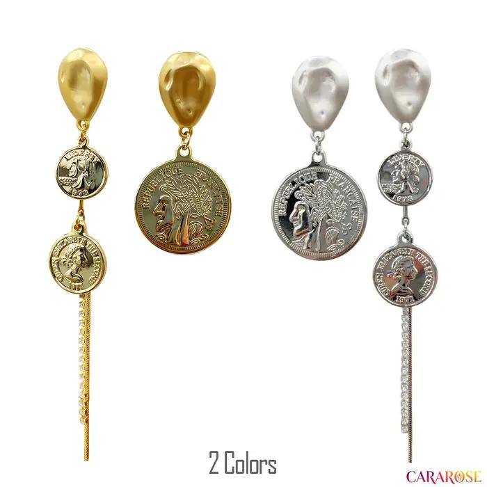 CARAROSE Boucles d'oreilles pendantes asymétriques en argent sterling S925 avec pièce de monnaie dorée et longues