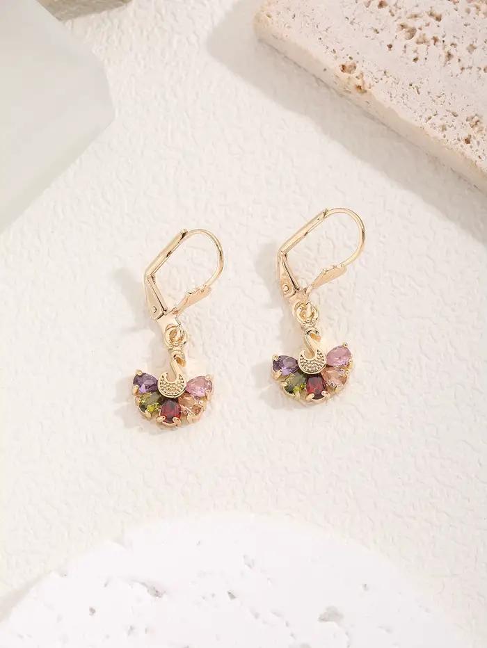 Boucles d'oreilles pendantes romantiques en forme d'éventail, incrustées de zircon coloré, bijoux pe