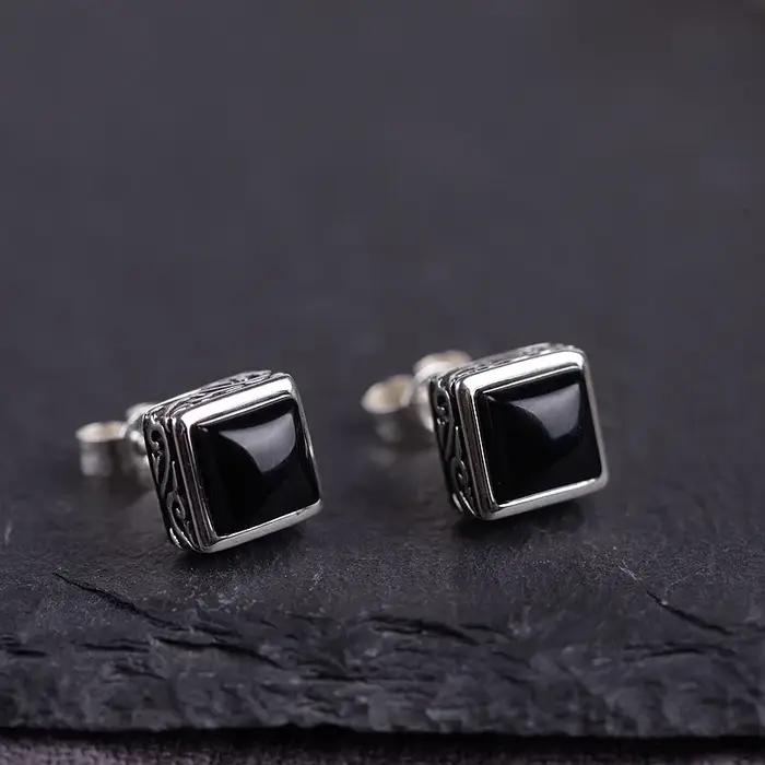 Boucles d'oreilles en argent regardé S925 pour femmes, bijoux en argent thaïlandais, artisanat vintage, agate noire, carré simple, Zunderes