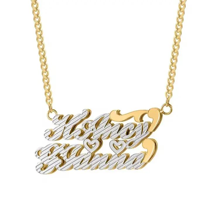 Collier double nom personnalisé plaqué or 18 carats