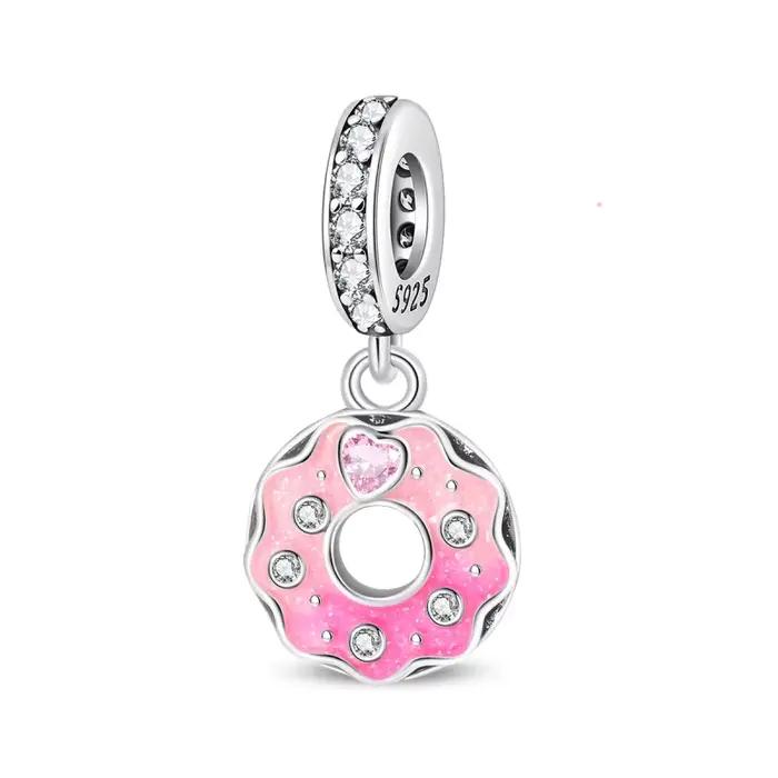 Breloques en argent sterling 925 en forme de donut rose avec zircon, perles pendantes compatibles avec bracelet original de 3 mm, bijoux DIY pour femme, cadeau d'anniversaire ou de fête