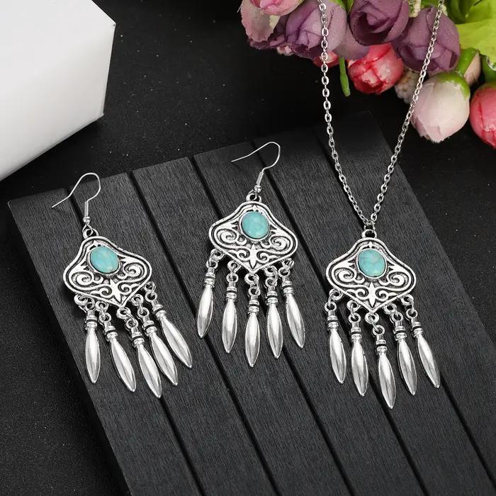 Ensemble de bijoux ethniques indiens pour femme plaqué argent boucles doreilles géométriques collier pampilles turquoises bleues occasions spéciales engagement