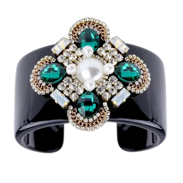 HAHA & TOTO Bracelet manchette en résine noire à la mode incrusté de cristal fait à la main perlé fleur