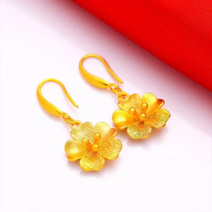Véritable 18k couleur or fleur longue boucle d'oreille pour les femmes mariée mariage usage quotidien plaqué or boucle d'oreille bijoux cadeaux