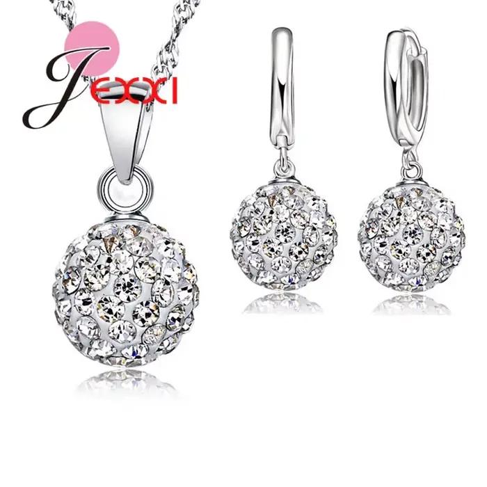 Ensemble de bijoux en argent regardé 925 pour femme, cristal autrichien, boule de Chang pavée, boucle d'oreille arrière à levier, collier pendentif, meilleur, chaud, nouveau