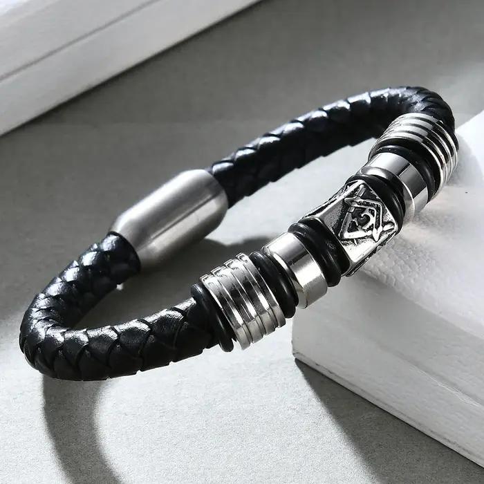 Bracelet en cuir véritable avec boucle magnétique pour homme, bijou en acier inoxydable, bracelet à breloques style décontracté pour occasions spéciales
