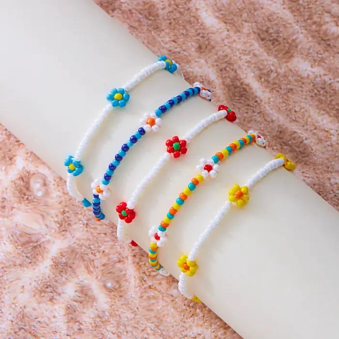 Bohème coloré graine perle fleurs cheville Bracelet pour femmes ethnique mignon fleur charme cheville Bracelet sur la jambe plage fête pied bijoux