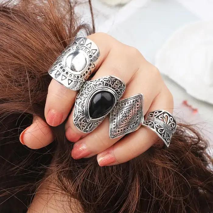 4 pièces/ensemble mode Vintage argent plaqué gitane Boho ethnique anneau creux sculpté strass Midi K
