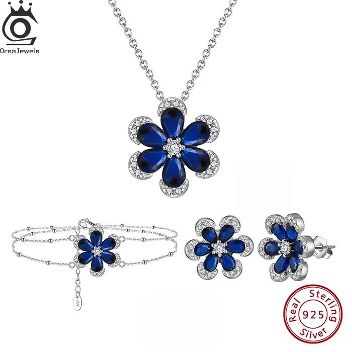 Ensemble de bijoux en argent 925 avec saphirs bleus forme de fleur pour femmes occasions spéciales