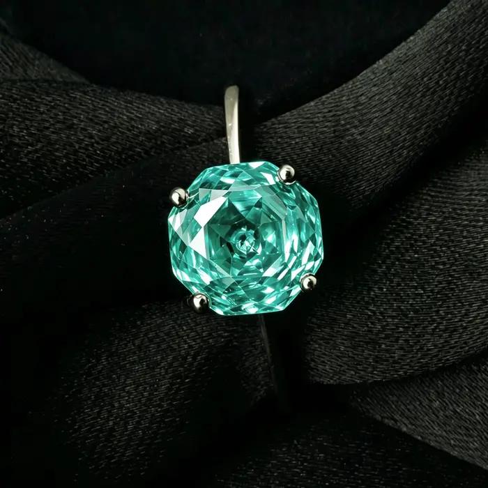 Bague solitaire en moissanite bleu-vert taille octogonale 8*8mm 2 carats