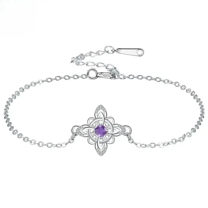 Bracelet noeud de sorcière en argent thaïlandais avec amulette de Protection en zircone cubique violette