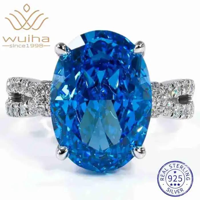 WUIHA – bague de cocktail en argent Sterling 100% 925, coupe ovale, saphir de laboratoire, aigue-mar