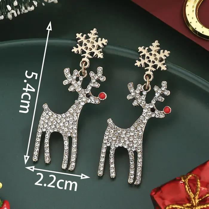 Dessin animé de noël plein strass renne flocon de neige boucles d'oreilles pendantes Animal cerf wap