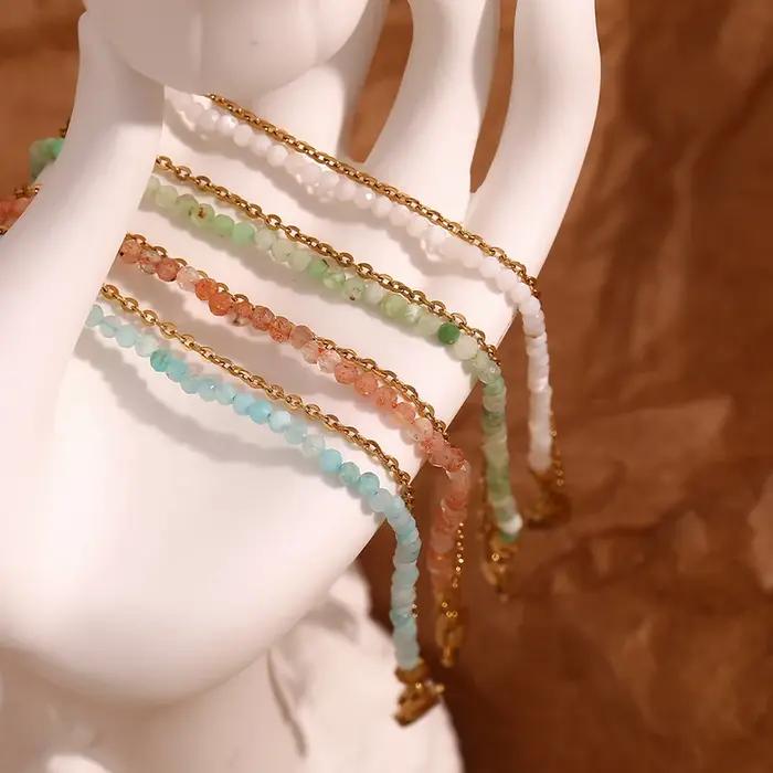 E.B.belle Amazonite Bracelet Double couche en forme de O en acier inoxydable 316L Bracelets à main pour femme plaqué or 18 carats Bijoux de cheville