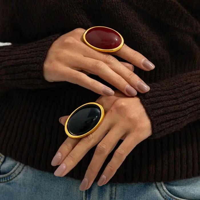Anneau en résine ovale rouge géométrique classique pour femmes style féminin bijou mode occasions quotidiennes sorties chic