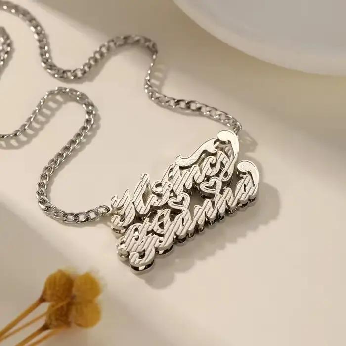 Collier double nom personnalisé plaqué or 18 carats