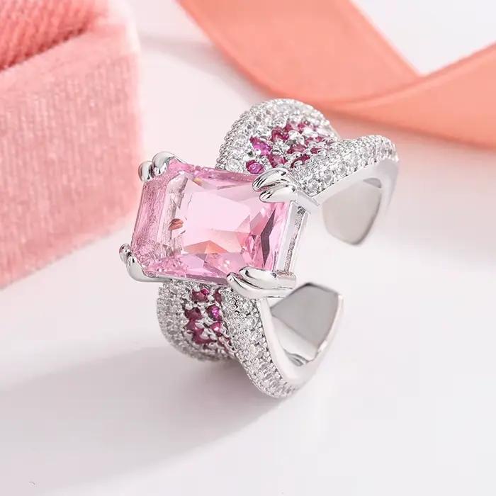 Bague en zircone cubique rose doux pour femmes, fiançailles, mariage, luxe scintillant, plaqué argen