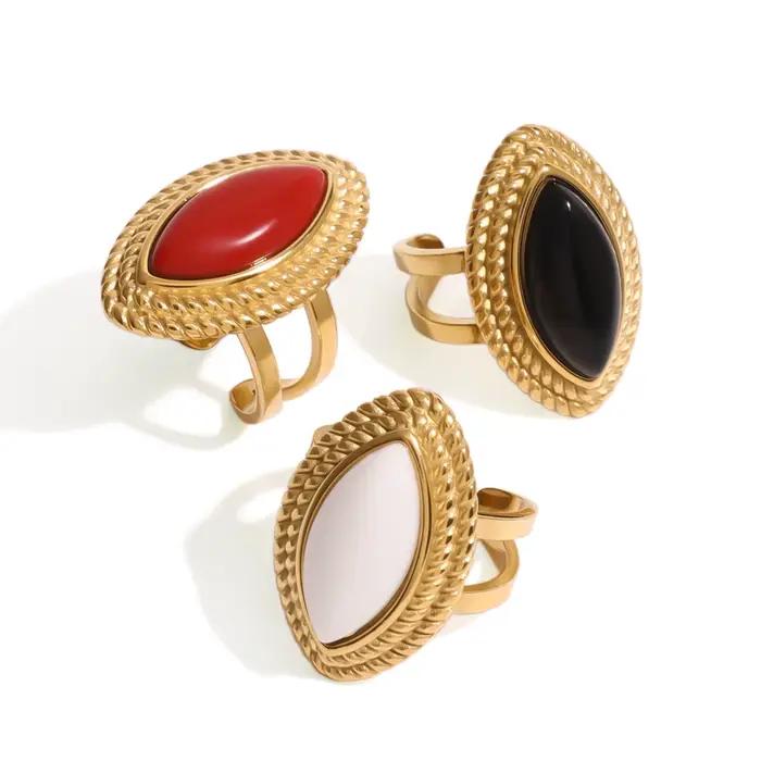 Bague Agate Ovale Plaquée Or 18 Carats Pour Femmes Anneau Ouvert Vintage Occasions Spéciales