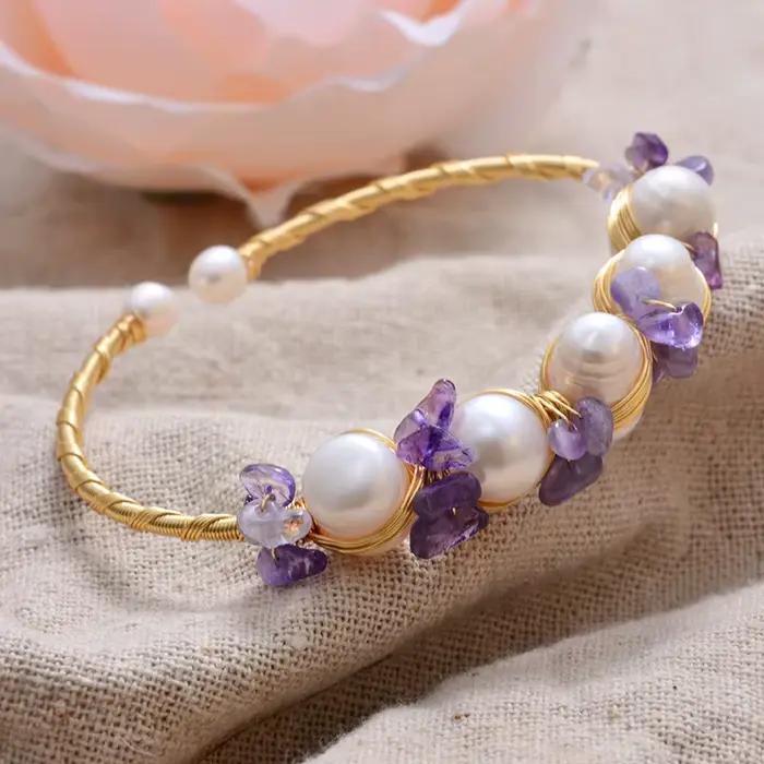 Bracelet en perles d'eau douce 100% naturelles et cristal violet