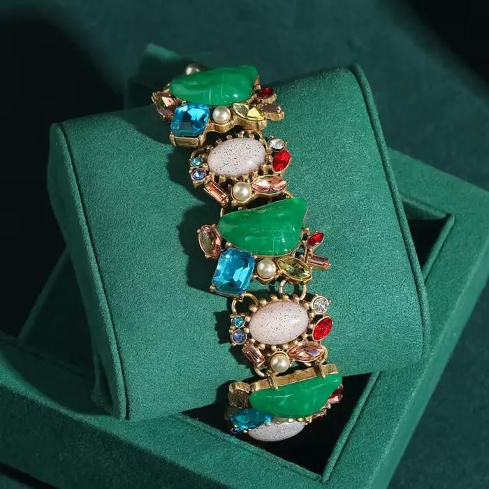 Bracelet Vintage en Perles Baroques Vertes et Bleues pour Femme, Bijoux Antiques en Clip de Forme Gé