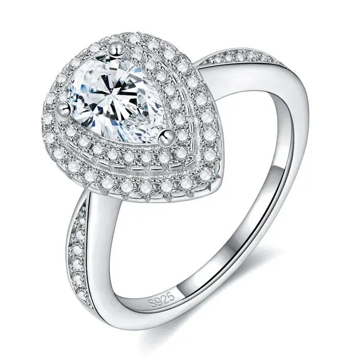 Bague de fiançailles LinkerLove en argent S925 avec moissanite taille poire 1 carat et double halo d'accentuations en