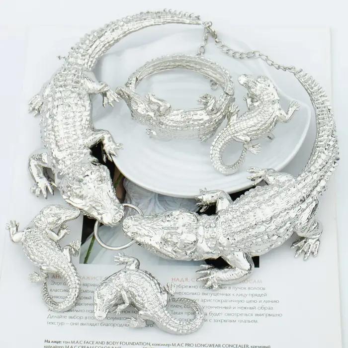 Alligato Crocodile bijoux africain boucle d'oreille ensemble mode femmes plaqué or bague Bracelet co
