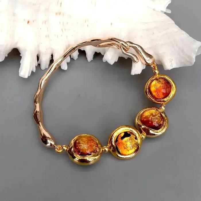 YYGEM 16mm doré marron Murano verre plaqué or Bracelet asymétrique perlé