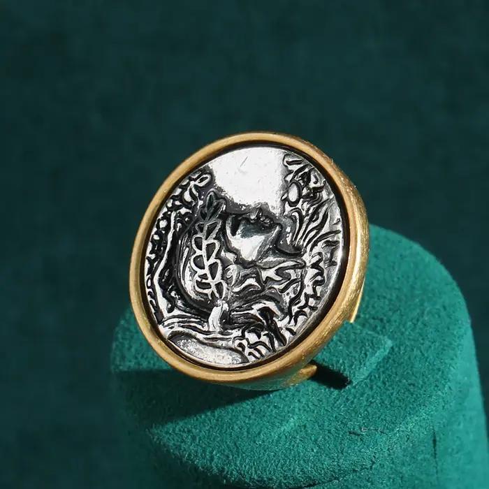 Bagues rondes Vintage en Relief français romantique, tête de camée Antique, sculpture de personnage rétro, accessoires pour femmes, bijoux cadeau de mariage