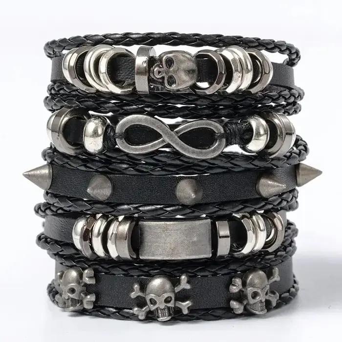 Ensemble de bracelets tressés de style punk 5 pièces en cuir et alliage de zinc violet pour homme et femme occasions spéciales