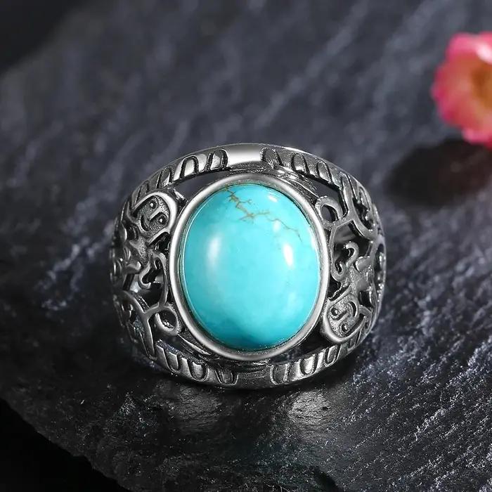Bagues rétro en turquoise naturelle plaquées argent pour femmes et hommes