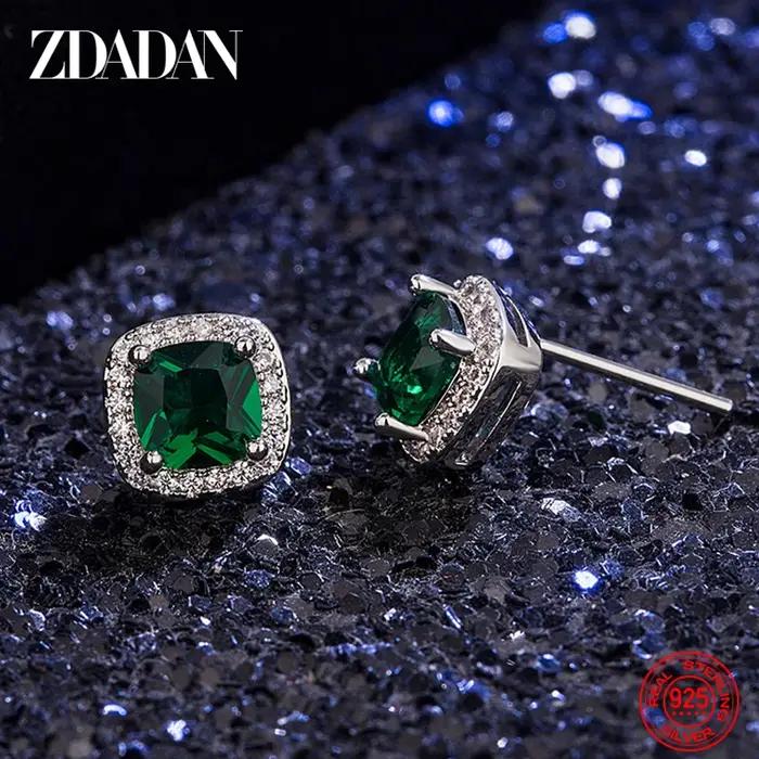ZDADAN 925 argent Sterling 9mm carré émeraude boucle d'oreille pour les femmes bijoux de mode