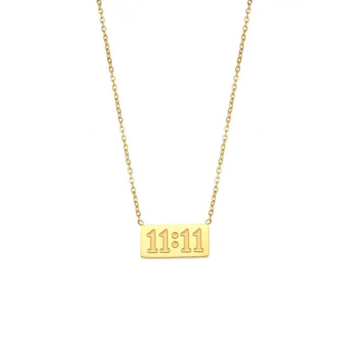 Collier avec pendentif rectangulaire 11:11, en acier inoxydable poli fin, plaqué or 18 carats, bijoux avec chiffres significatifs