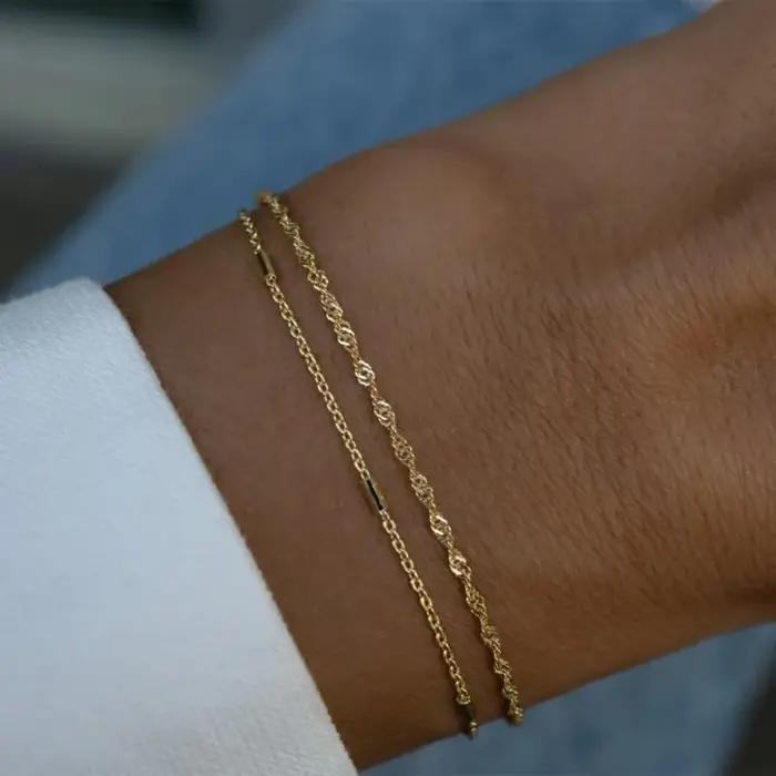 Bracelets en or à deux couches pour femmes et filles, acier inoxydable plaqué or 18 carats, imperméables, réglables, minimalistes, empilables d'été, résistant à l'usure quotidienne, pour les occasions spéciales