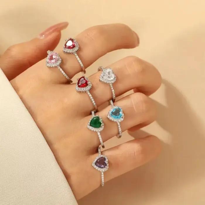 Bague de luxe en cristal de cœurs colorés pour femmes