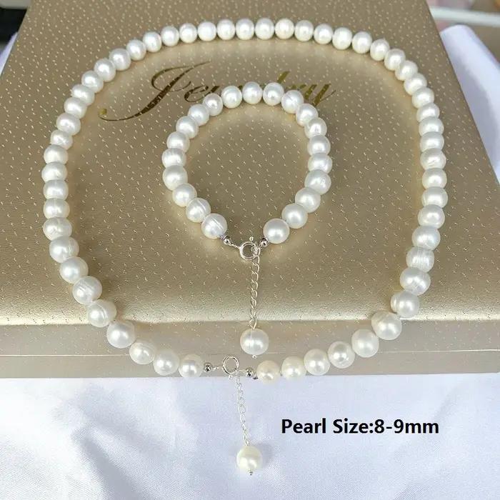 Ensembles de bijoux en perles blanches véritables, bracelets et colliers en perles d'eau douce natur