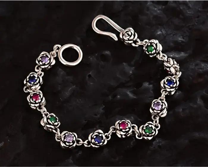 Nouveauté fleur de Rose douce cristal coloré Thai argent dames ensembles de bijoux pour femmes collier Bracelet cadeaux d'anniversaire