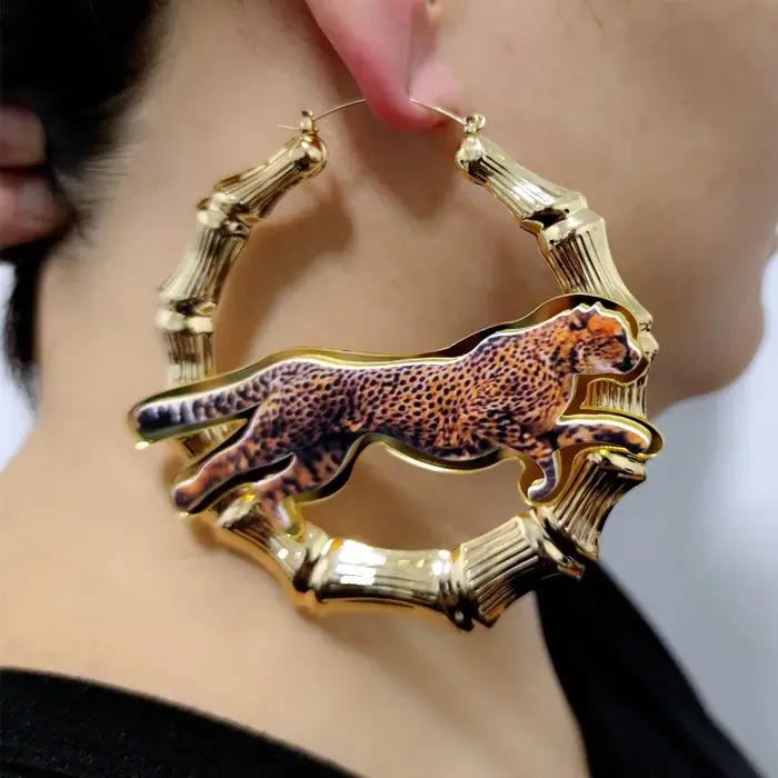 KUGUYS-Grandes Boucles d'Oreilles en Bambou Imprimé Léopard pour Femme, Rétro, Vintage, Miroir, Acry