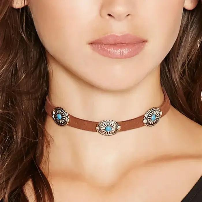 Collier Boho Rétro pour Femme, Bijoux Déclaration, Colliers Fleur Turquoises